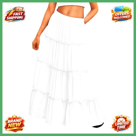 Dresses & Skirts - Boho Maxi Skirt Elastic High Waist A-Line Dress with Pockets Trendy Vacation